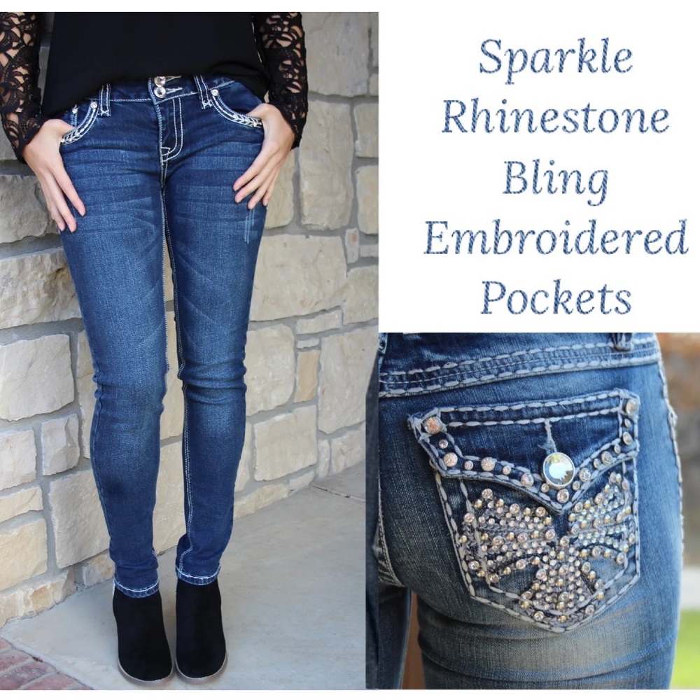 Bling Gemstone Pocket L.A. Idol Skinny Jeans Rhinestone Fancy Embroidered Pocket